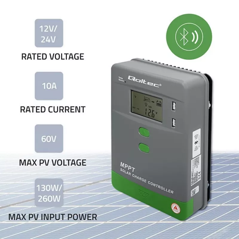 MPPT solárny regulátor nabíjania QOLTEC 10A pre 12V/24V systémy s LCD displejom