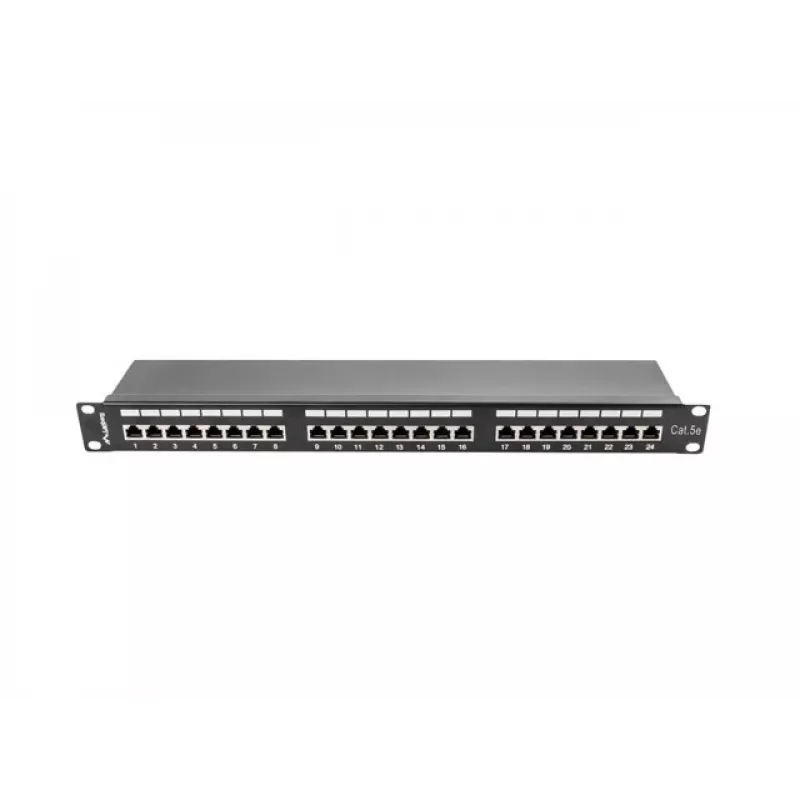 Patch panel 1U LANBERG PPS5-1024-B — 24-portový RJ-45 Cat5, kov, čierny, racková montáž