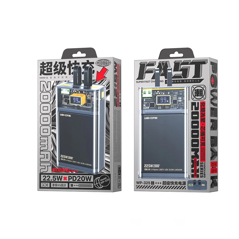 Powerbanka WEKOME WK-WP-325 série Vanguard, 20000 mAh, vstavaný kábel USB-C a Lightning, PD 20 W + QC 22,5 W