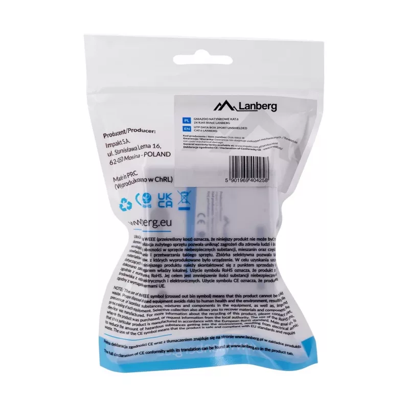 LANBERG nástenná zásuvka RJ-45 Cat6 OU6-0002-W biela, 2 konektory samica, 30×54×57 mm