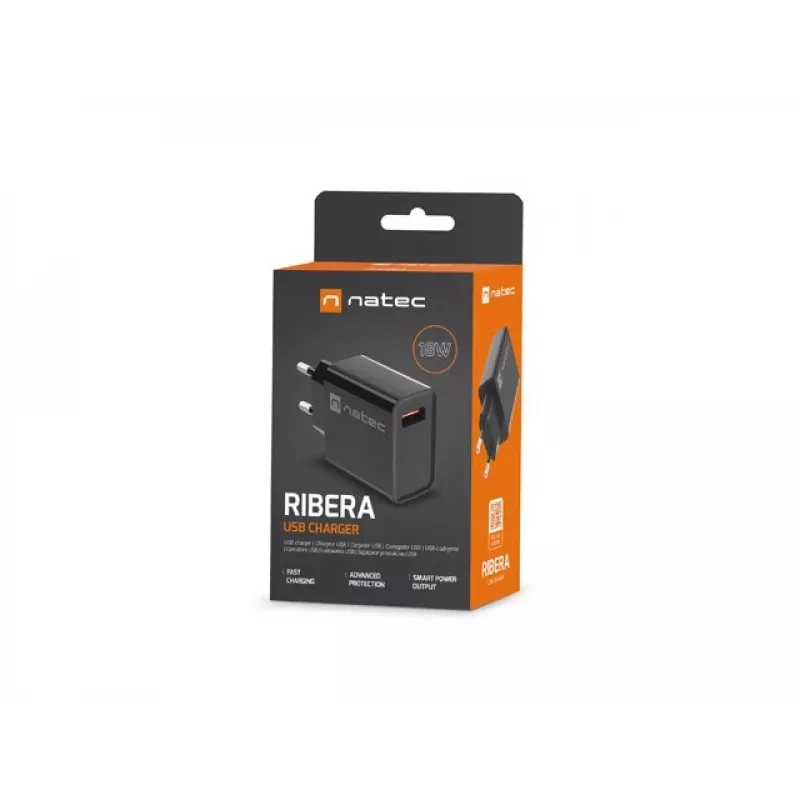 Natec Ribera NUC-2058 sieťová nabíjačka, 18 W, 1x USB-A, do 3 A, Quick Charge 3.0, Samsung AFC, Huawei FCP/SCP, čierna