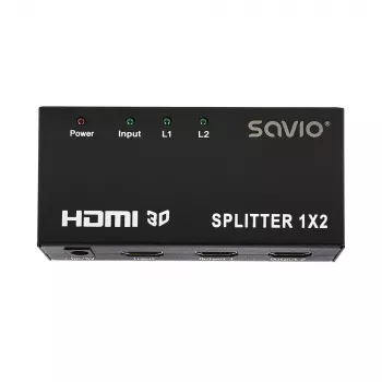 HDMI video rozbočovač SAVIO CL-42 — 2x HDMI výstupy, 1920x1080, 36-bitová farba, kovové puzdro, 5V/1A