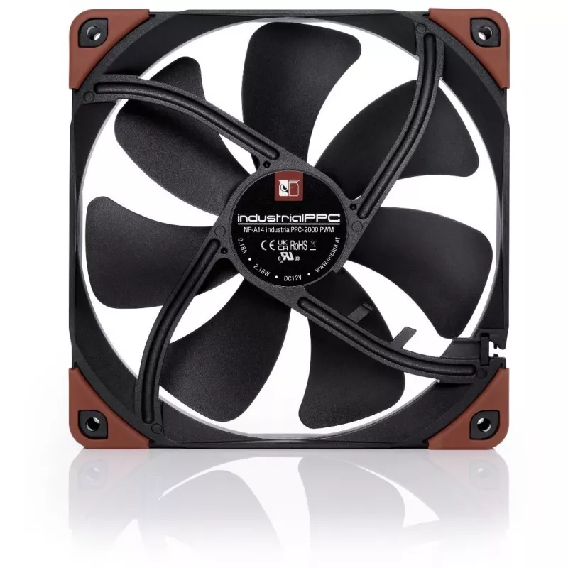 Noctua NF-A14 industrialPPC-2000 PWM ventilátor do skrine, 140x25 mm, 12 V, PWM, 500–2000 ot./min, 182,5 m³/h, 31,5 dB, ložisko SSO, čierna/hnedá