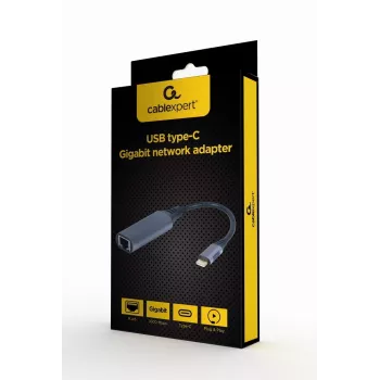 Sieťový adaptér Gembird A-USB3C-LAN-01 Type-C USB 3.2 Gen 1, Gigabit RJ-45, 0,15 m kábel, kovové puzdro, sivá/čierna