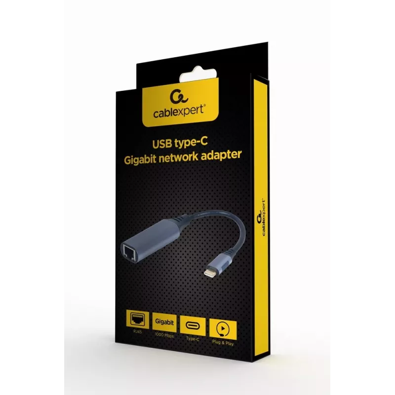 Sieťový adaptér Gembird A-USB3C-LAN-01 Type-C USB 3.2 Gen 1, Gigabit RJ-45, 0,15 m kábel, kovové puzdro, sivá/čierna