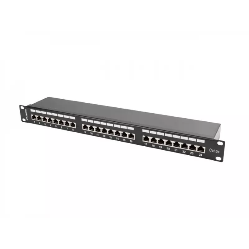 Patch panel 1U LANBERG PPS5-1024-B — 24-portový RJ-45 Cat5, kov, čierny, racková montáž