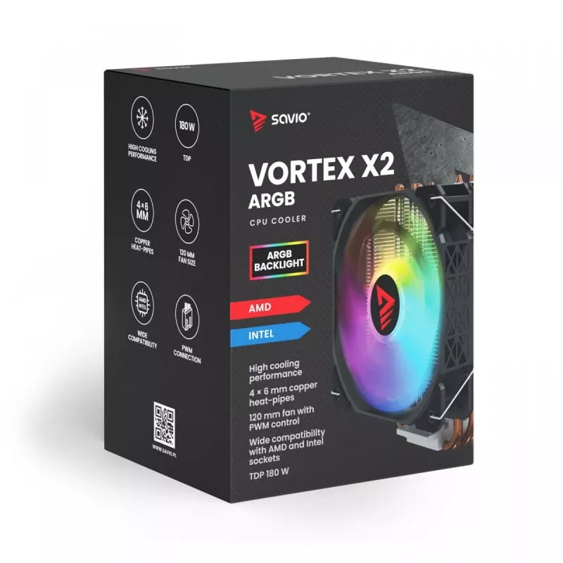 CPU vzduchový chladič SAVIO SAVGCOVORTEXX2ARGB s 4 heatpipes, 120-mm-ARGB ventilátor, čierny