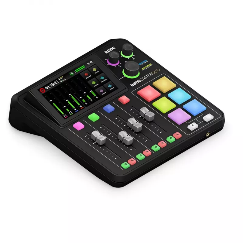 Štúdiový kontrolér RØDE Caster Duo čierny — 2 Combo XLR/TRS, 2 TRS Line výstupy, 48 kHz, 24-Bit, dotykový displej, Wi‑Fi, Bluetooth