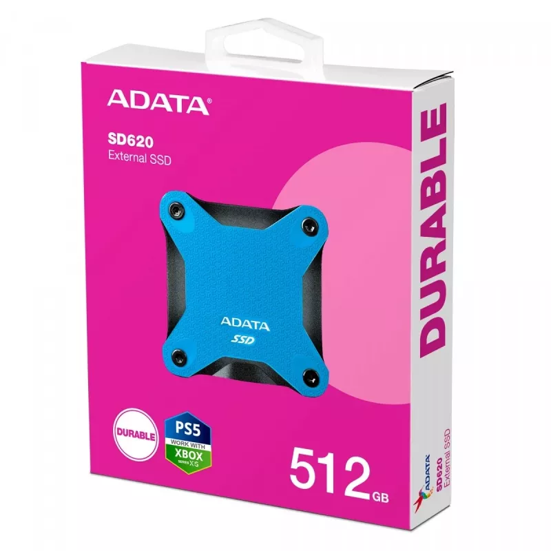 Externý SSD ADATA SD620 512 GB, USB 3.2 Gen 2 Micro-USB B, modrý, silikónové puzdro, nárazuvzdorný