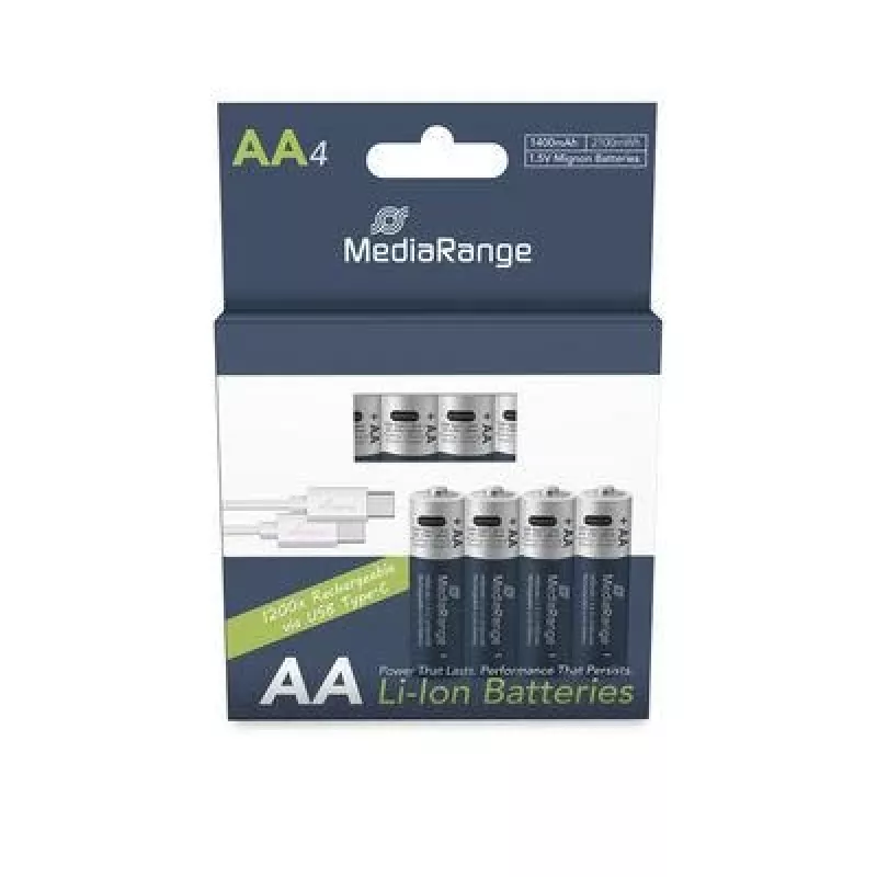 MediaRange MRBAT161 nabíjateľné batérie Li-Ion AA s USB-C, 1,5 V, 1400 mAh, 4 ks