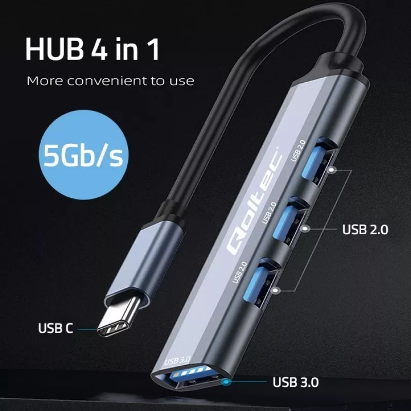 USB hub QOLTEC 53792, USB-C 3.1 na 4 porty (USB 3.0 x1, USB 2.0 x3)