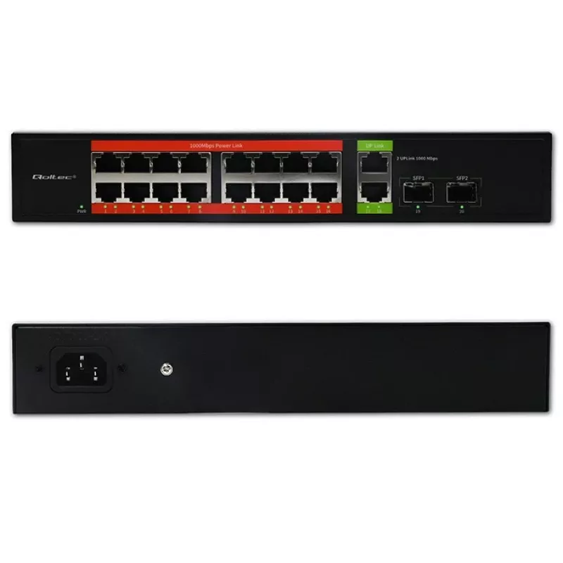 Sieťový switch QOLTEC 52292 — Gigabit Ethernet PoE, 16x RJ45, 2x RJ45 uplink, 2x SFP