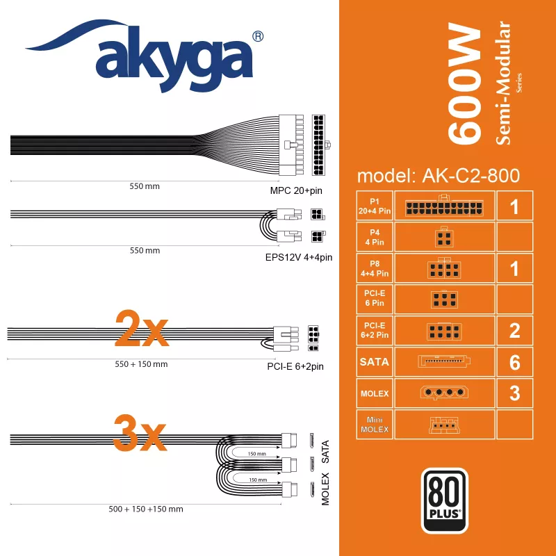 Akyga AK-C2-800 Classic 800 W ATX napájací zdroj, čiastočne modulárny, aktívne PFC, 120 mm ventilátor