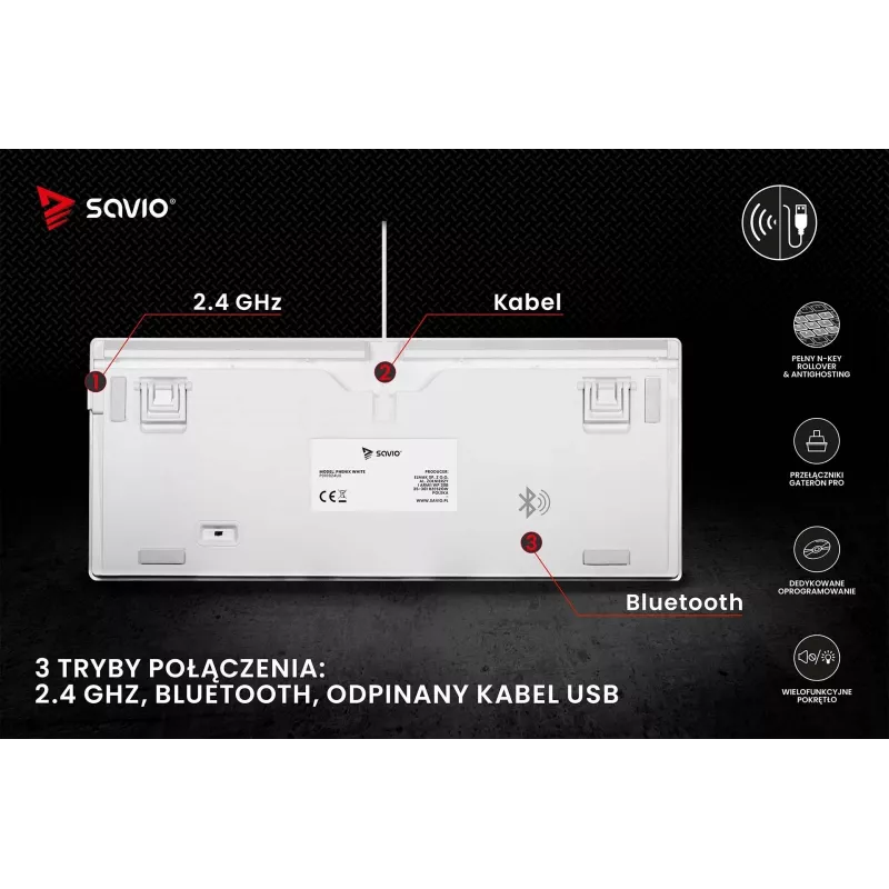 Herná klávesnica Savio Phenix WHITE GAT RED PUD káblová bezdrôtová USB Bluetooth RGB LED