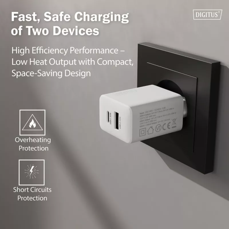 AC Indoor USB GaN nabíjačka DIGITUS DA-10301 — 30W, 1× USB-C, 1× USB-A, 100–240V, biela
