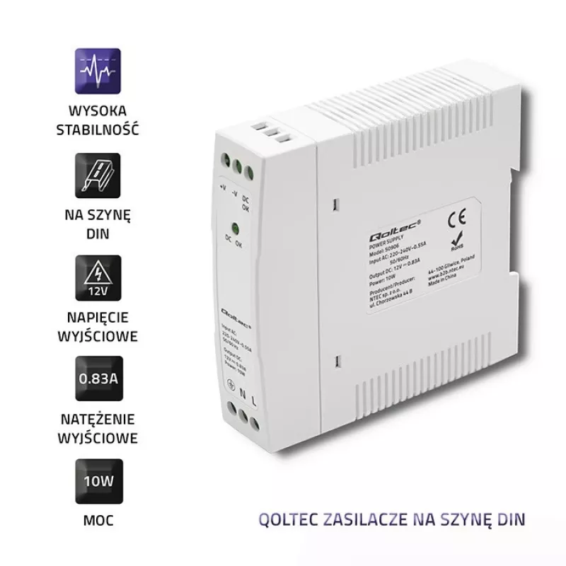 Napájací zdroj na DIN lištu 10W, 12V, 0.83A, štíhly