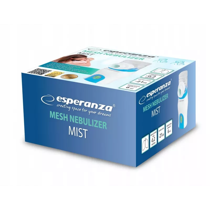 Prenosný inhalátor ESPERANZA ECN005 — kompaktný vreckový nebulizér, 0,2 ml/min, 21 dB, USB, 2×AA