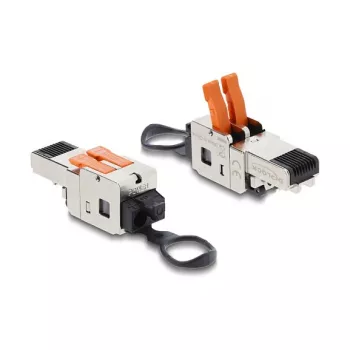 DELOCK RJ45 konektor samec so svorkovým uzáverom 2-pólový +/− bez nástroja, Composite-Power pripojenie, konektor samec, čierny/nehrdzavejúca oceľ