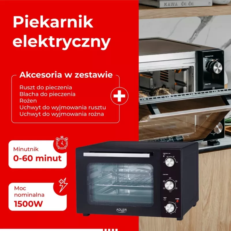 Elektrická kompaktná stolová rúra Adler AD 6026 – objem 48 l, 1800 W, voľne stojaca, mechanický časovač
