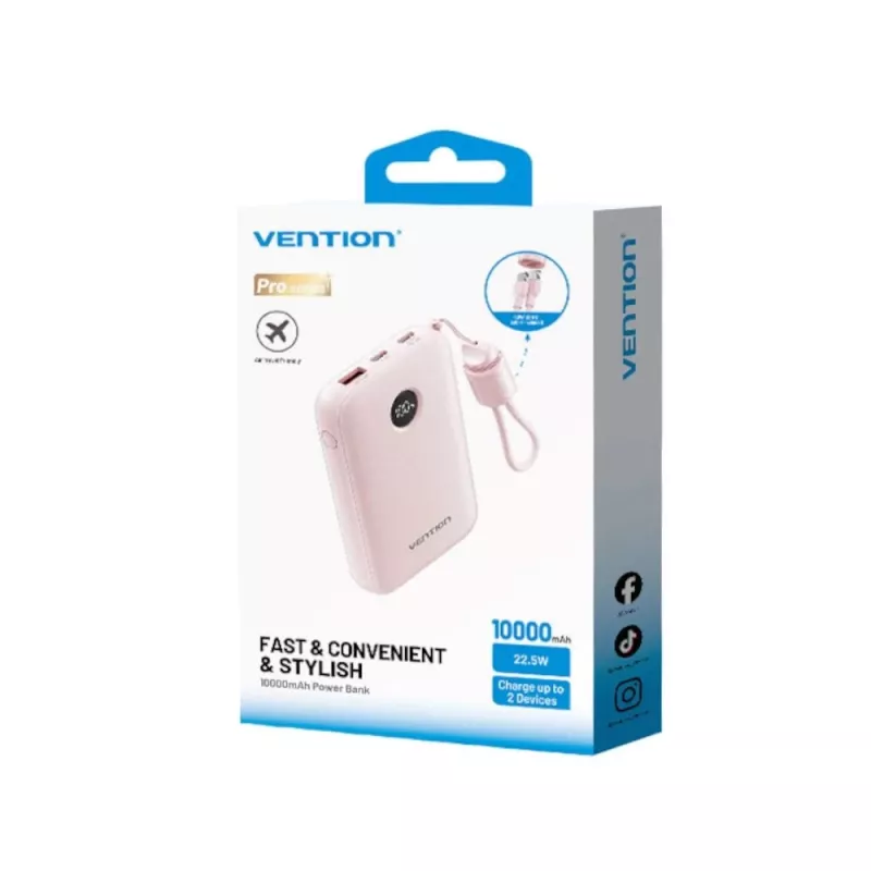 Powerbank Vention FKAP0-C 10000 mAh, 2× USB-C + 1× USB-A, 22,5 W, ružová