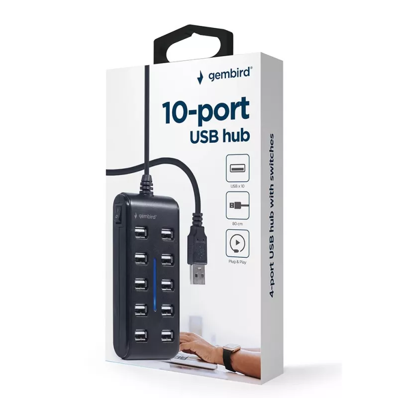 USB hub Gembird UHB-U2P10P-01 — 10-portový USB 2.0 hub