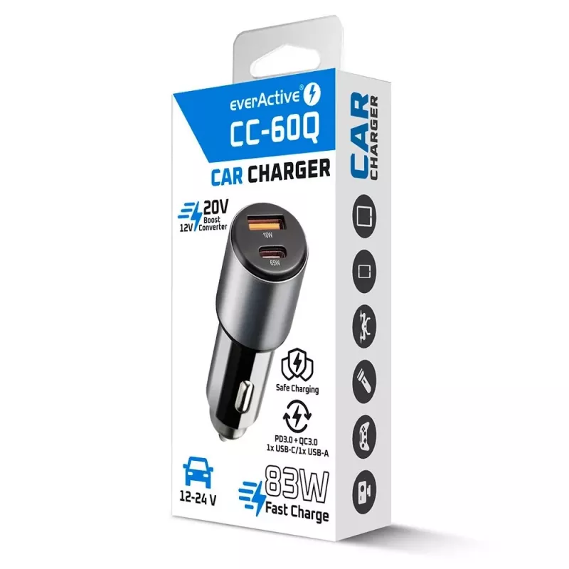 Auto nabíjačka everActive CC-60Q, QC3.0, až do 83W, USB auto napájací adaptér