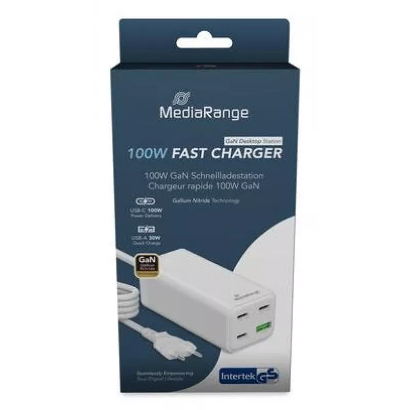 MediaRange MRMA124 mobilná nabíjačka 100W AC, 3x USB-C, 100–240V vstup, 1,5 m kábel, biela