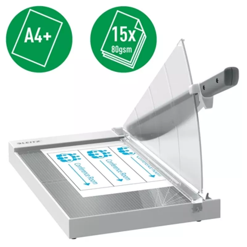 Leitz Precision kancelárska rezačka papiera A4+, 15 listov, manuálne upnutie, nehrdzavejúca oceľ, A4 Maxi, 80 g/m², sklo