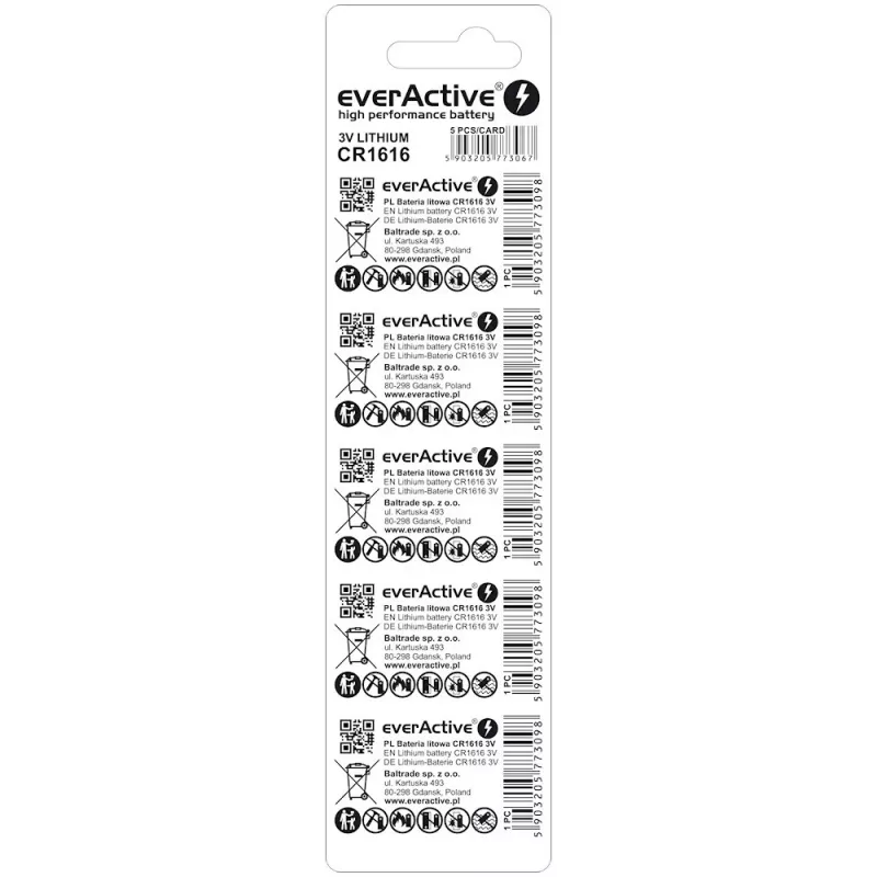 Gombíková batéria everActive CR1616 3V, 50 mAh, 16 mm — balenie 5 ks