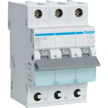Hager MBS332. Menovitý prúd: 32 A, sieťová frekvencia: 50/60 Hz. Šírka: 52,5 mm, hĺbka: 70 mm, výška: 83,4 mm (MBS332)