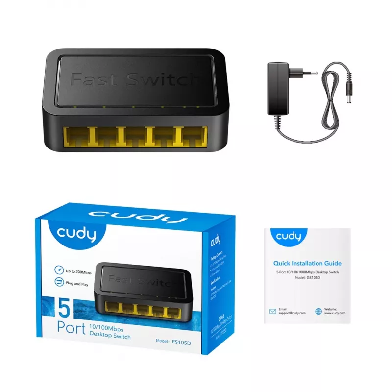 Sieťový switch Cudy FS105D — 5-portový Fast Ethernet 10/100, 1 Gbit/s switching, čierny