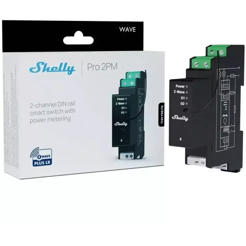 Shelly Wave Pro 2PM LR dvojkanálový Z-Wave DIN-lištový kontrolér