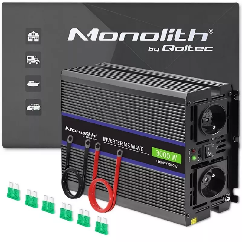 Invertor QOLTEC Monolith 3000 MS Wave, 12V→230V, 1500/3000W, s USB