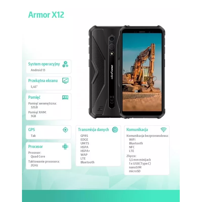 Odolný smartfón UleFone Armor X12 — 3 GB RAM, 32 GB úložisko, celý v čiernej