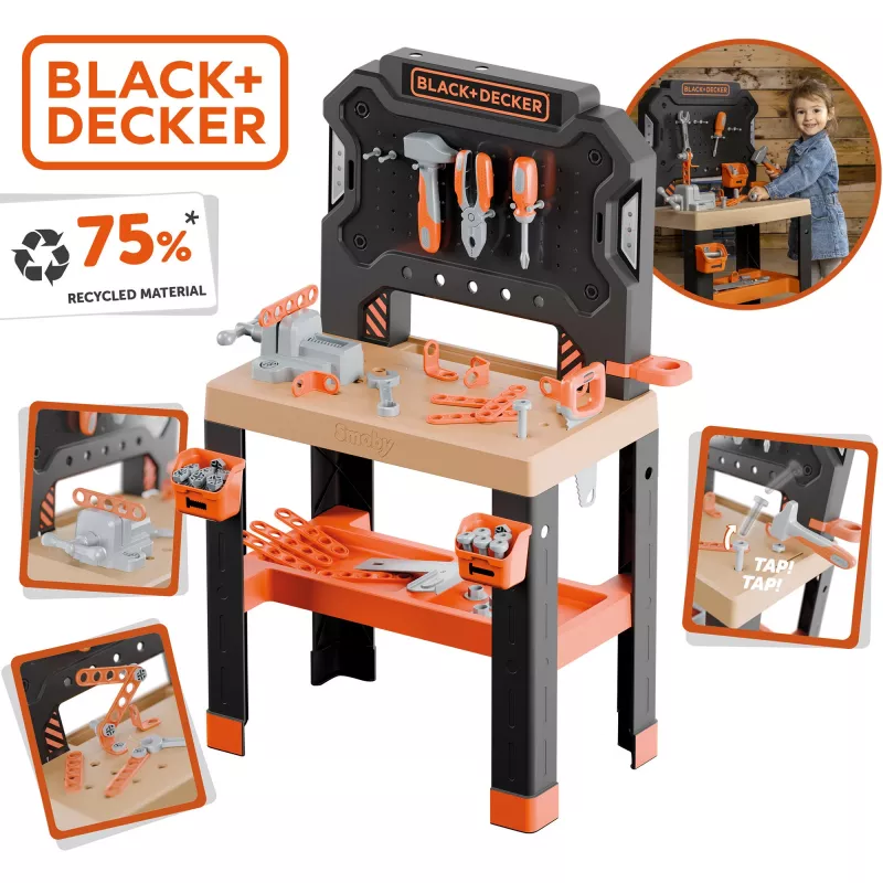 Detská hracia pracovná stolová súprava SMOBY Black & Decker model 2025 s nástrojmi a príslušenstvom