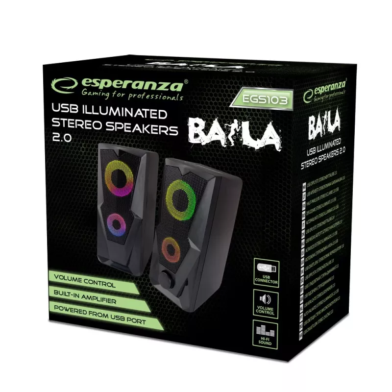 Reproduktor ESPERANZA BAILA 6 W káblový stojanový reproduktor, 6 W RMS, 160–20000 Hz, 3 Ω, USB & 3,5 mm, pár