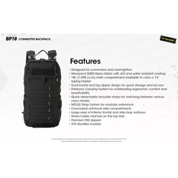 Cestovný batoh Nitecore BP18 — čierny nylon/polyester, 240×160×470 mm