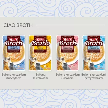 Vlhké maškrty pre mačky INABA Ciao Broth kura a tuniak 40 g – mäsová tekutá maškrta vo vrecúšku, bielkoviny 9,4 %, vlhkosť 88 %