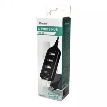 VAKOSS USB hub TC-234UX — 4-portový USB 2.0 hub, DC napájanie (5 V, 1 A), čierna