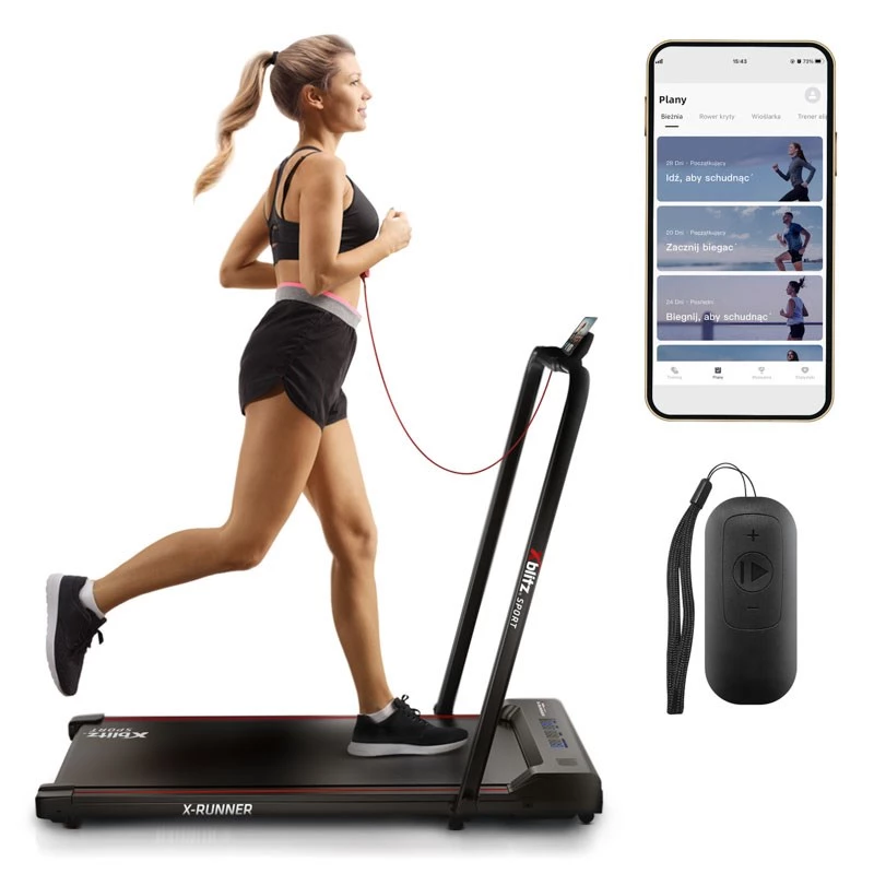 Motorizovaný bežecký pás Xblitz X-RUNNER — skladací kompaktný, max. rýchlosť 12 km/h, max. nosnosť 120 kg, čierny
