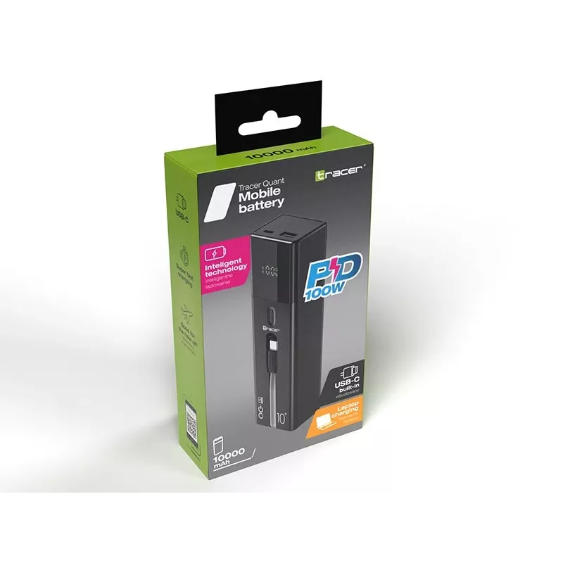 Prenosná powerbanka TRACER Quant 10000 mAh Li-Ion, PD & QC3.0, 3 konektory (2×USB-C, 1×USB-A), 100W, čierna