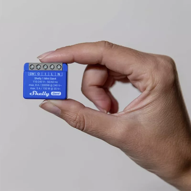Inteligentný spínač Shelly 1 Mini Gen4 1P bezdrôtový 110–240 V 50–60 Hz 1,2 W Bluetooth Wi‑Fi ZigBee 34×16×29 mm