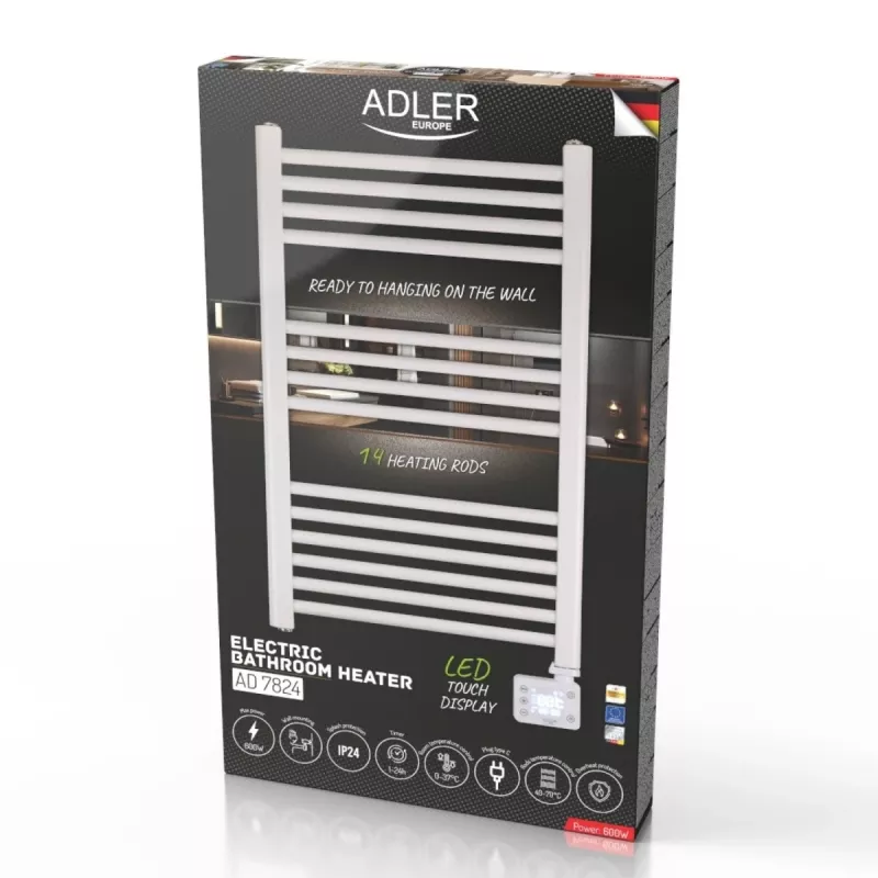 Elektrický kúpeľňový radiátor Adler AD 7824 600 W, biela, IP24, na stenu, 500×900 mm