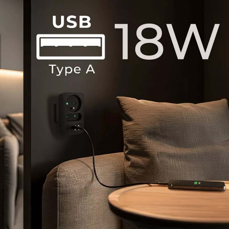 Rozbočovač napájania MACLEAN MCE249 F/B – 2 AC zásuvky (16A + 6A) s 2×USB-A a 2×USB-C PD 20W, EU konektor, čierny