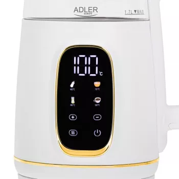 Rýchlovarná kanvica Adler AD 1305WG — 1,7 l, 2200 W, sklo/plast, biela/zlatá/transparentná