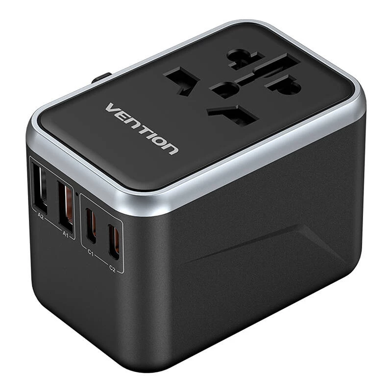 Vention cestovný adaptér a nabíjačka GaN 65 W, 2x USB-A 2x USB-C, čierna