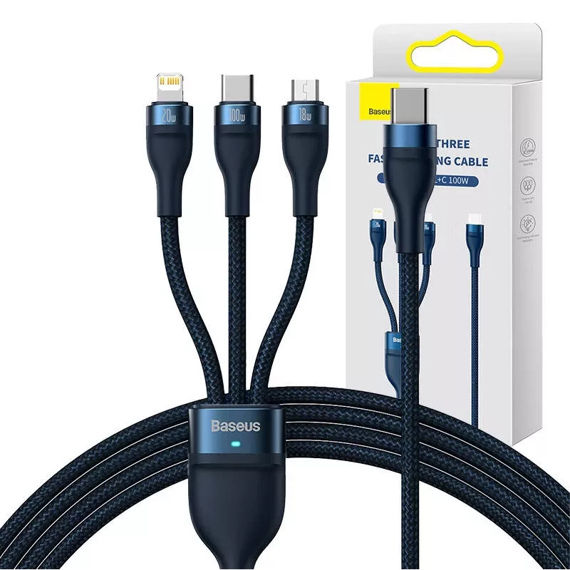 3in1 USB kábel Baseus Flash Series 2, USB-C + Micro-USB + Lightning, 100 W, 1,5 m (modrý)
