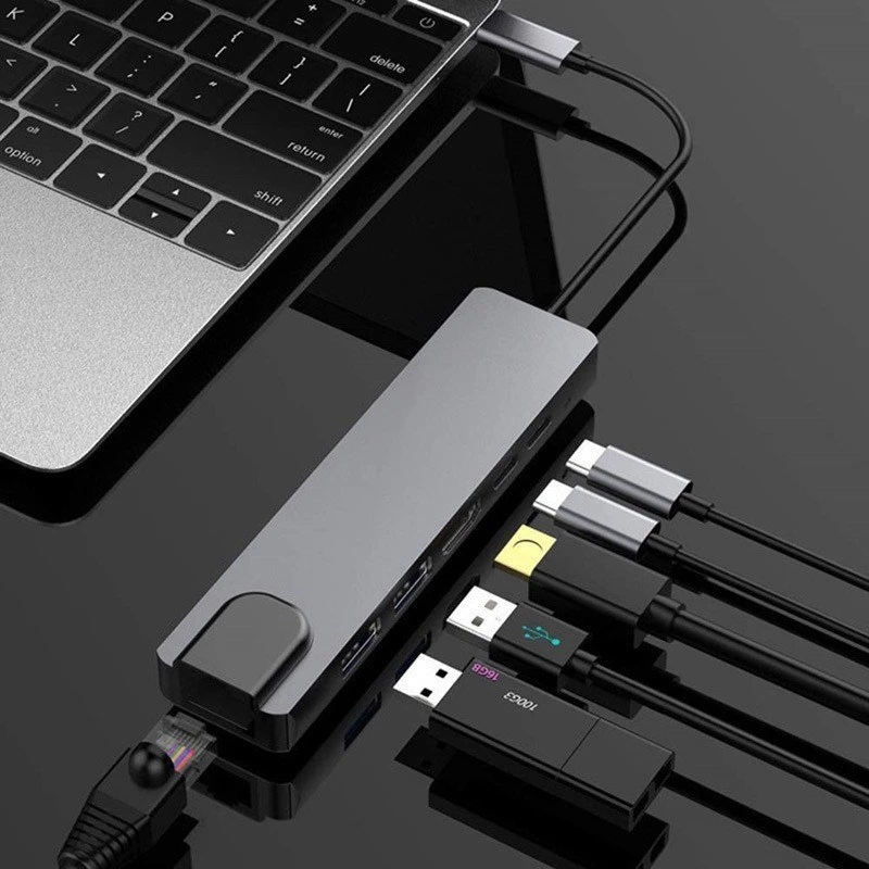 GEMBIRD USB Type-C 6-in-1 multiport adaptér A-CM-COMBO5-06 — HDMI, PD 54W, Gigabit-LAN, 2× USB-A, Type-C (5 Gbit/s)