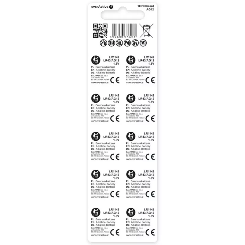 Alkalická gombíková batéria everActive G12 AG12 1,5 V – balenie 10 ks