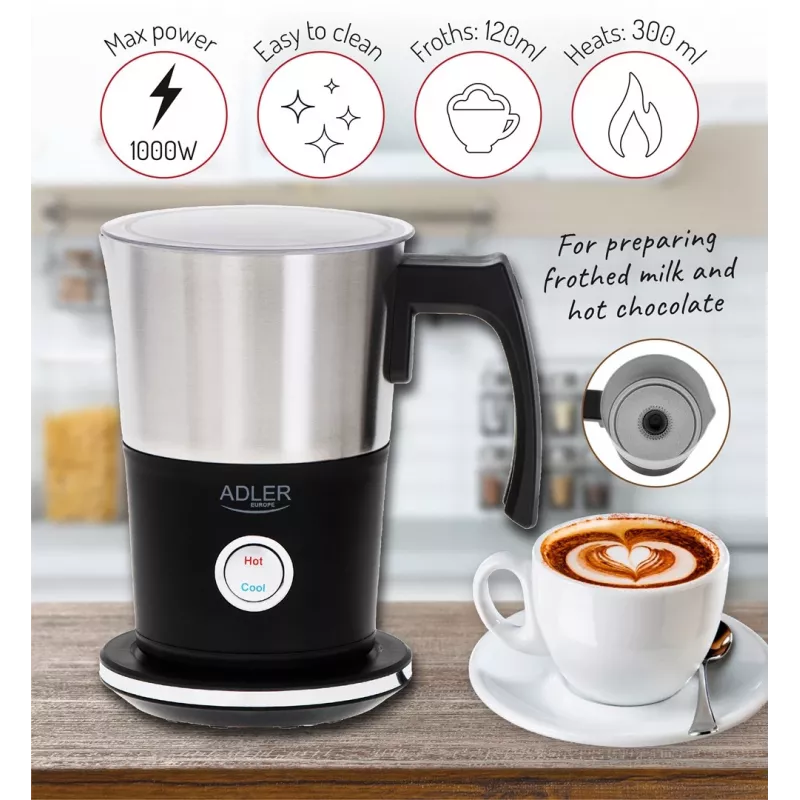 Automatický šľahač mlieka Adler AD 4497 – nerez, 600W, 120 ml peny / 300 ml ohrev, teplé & studené